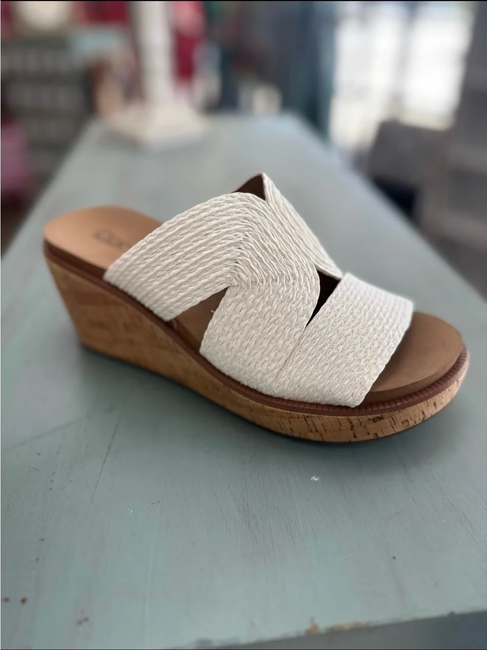 Corkys White Woven Cork Wedge Slide Sandals
